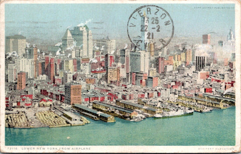 NY, NEW YORK CITY - lower New York from Airplane - @1921 postcard - A07314