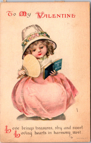 Valentine postcard - girl reading CINDERELLA and Glass slipper - B06408