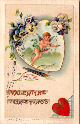 Valentine postcard - VALENTINE GREETINGS - Cupid with bow pulled back - C17932