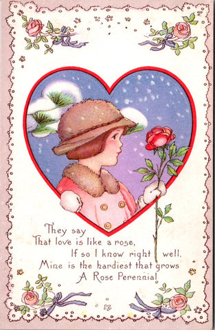 Valentine postcard - Girl wearing fur and holding a long stemmed rose - E23199