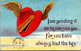 Valentine postcard - FLYING HEART with wings, cover over the key hole - F23096