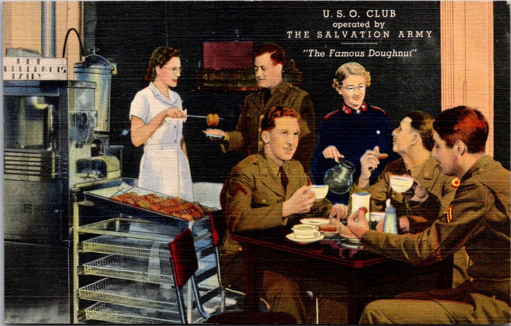 Military - USO Club interior, military men eating doughnuts postcard - JJ0721