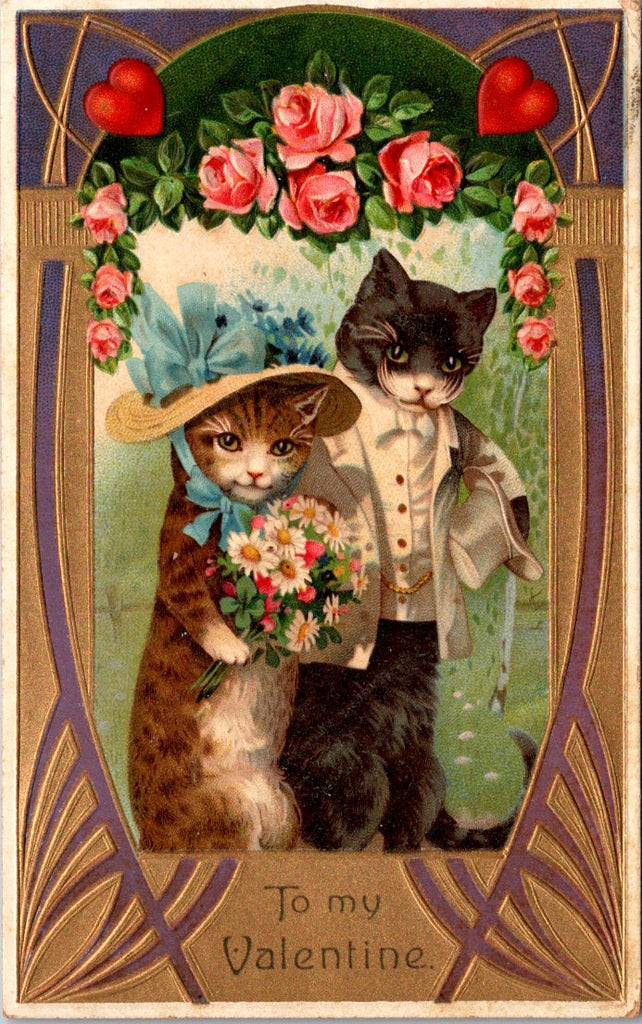 Valentine postcard - Anthropomorphic dressed cat couple - SL2961