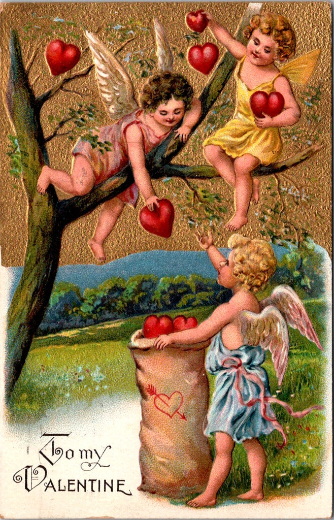 Valentine postcard - 3 dressed valentine cupids in and around tree - SL2962