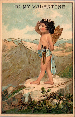 Valentine postcard - Single black haired cupid, golden wings, sheath - SL2965