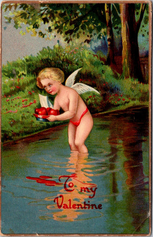 Valentine postcard - Cupid in a stream placing a boat of hearts - SL2967