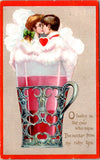 Valentine postcard - LOVE TRIBUTES - woman, man kissing above soda cup - SW0231