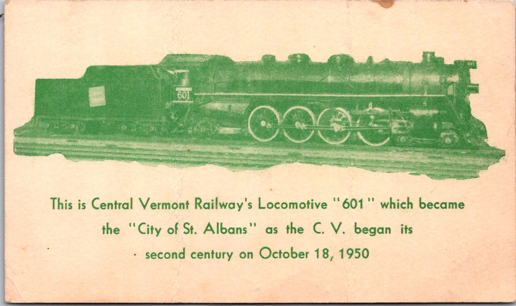 Train postcard - CITY OF ST ALBANS engine #601 - Central VT - w00248