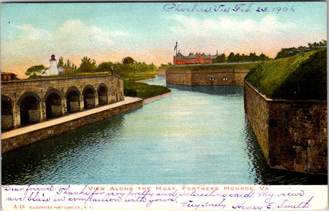 VA, FORTRESS MONROE - lighthouse, view along moat postcard - w03580