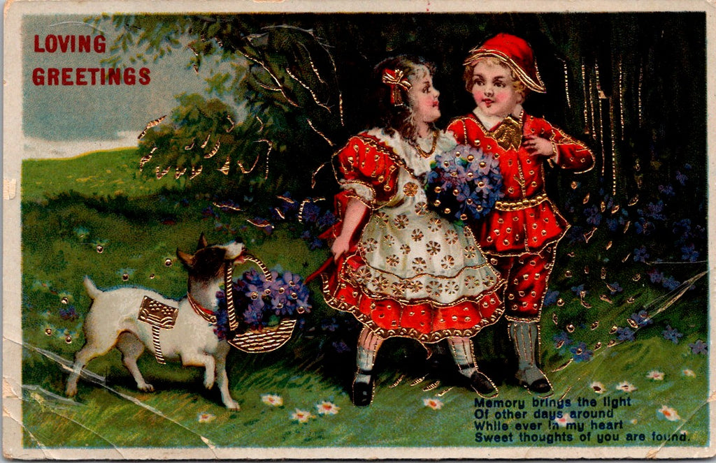 Valentine postcard - LOVING GREETINGS - male, female, dog embellished - Z17026