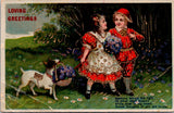 Valentine postcard - LOVING GREETINGS - male, female, dog embellished - Z17026