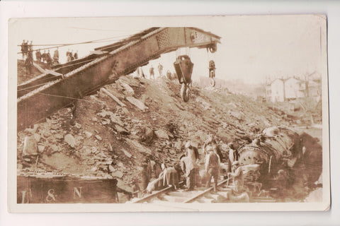 Train - Railroad - Engine accident, tracks gave way?, Crane, people - C-0144