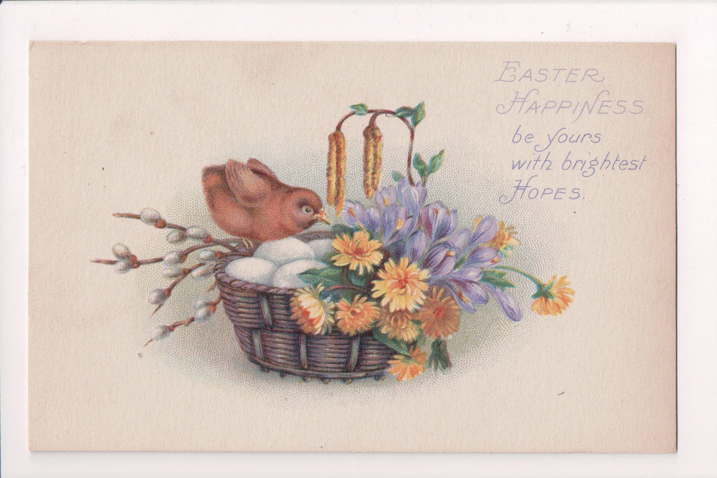 Easter postcard - EASTER HAPPINESS - chick, nest, eggs, flowers - A19019