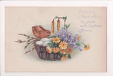 Easter postcard - EASTER HAPPINESS - chick, nest, eggs, flowers - A19019