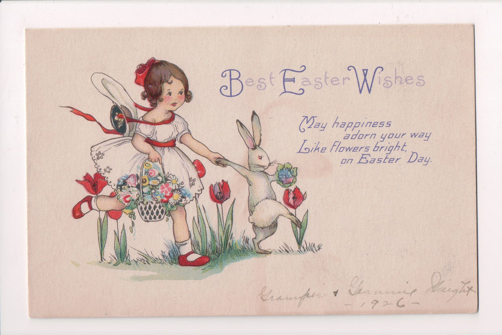 Easter postcard - girl holding hand of a walking rabbit - A19024