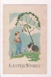 Easter postcard - boy with black and white rabbit, bluebird - A19030