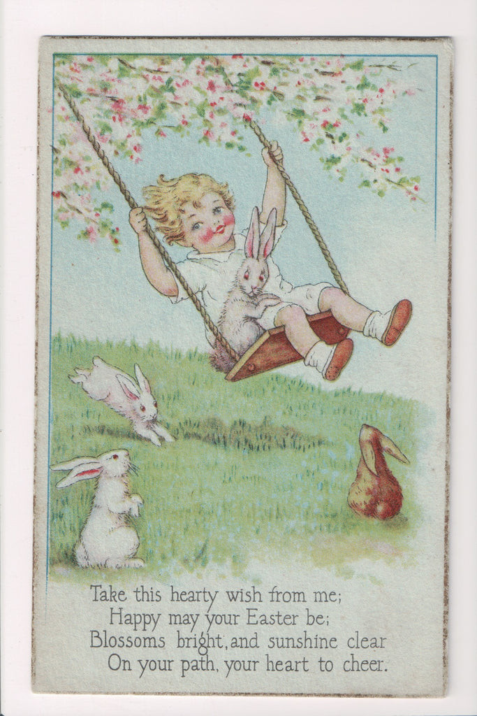 Easter postcard - child on swing with bunny rabbit - A19047