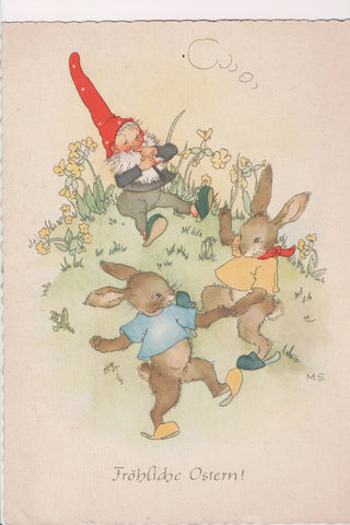 Easter - Dressed Rabbits dancing, gnome, MS signed - B18090