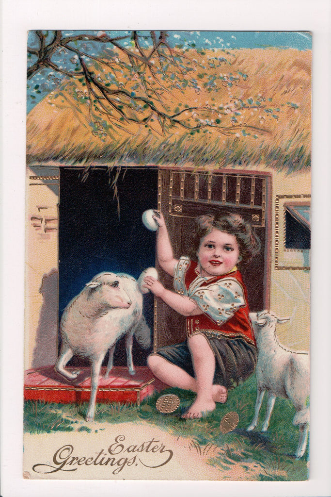 Easter - Easter Greetings - Boy, lamb, eggs - Finkenrath card - C04254