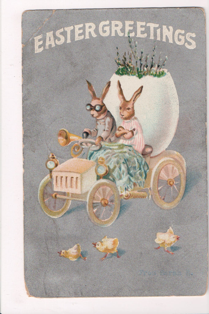 Easter postcard - dressed and humanized rabbits driving car - C04301