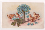 Easter postcard - chicks, vase of forget me nots, 4 leaf clover - E03070