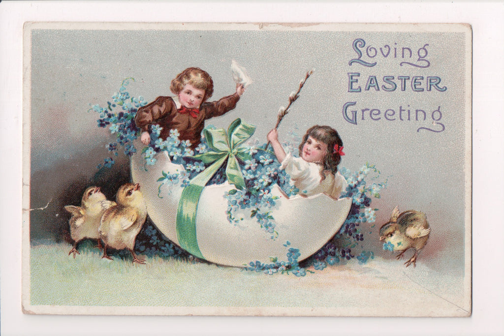 Easter postcard - boy and girl in egg, chicks - Clapsaddle? - E09083