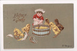 Easter - boy in cooks hat, apron - chicks looking in barrel, Langner card - A060