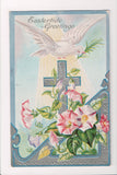 Easter - white dove, morning glories, silver cross - Winsch postcard - C-0088