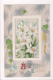 Easter - White lily flowers - Winsch Back postcard with silver bursts - C17044