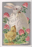 Easter - White rabbit coming out of shell, with chick, pink clover flowers - SL2