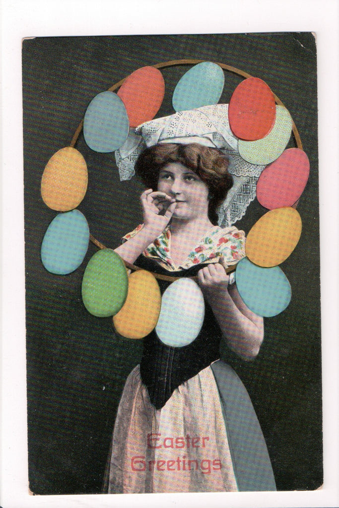 Easter - Easter Greetings - Young woman, fingers to lips, eggs - B06330