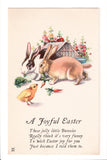 Easter postcard - bunny rabbits, chick, small carrot and lettuce - W01473